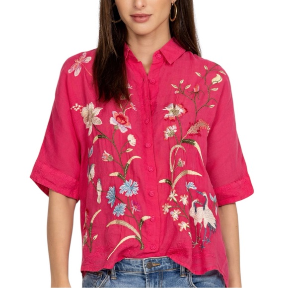 Johnny Was Genivieve Relaxed Dolman Shirt Medium Fuchsia Pink Embroidered NWT - Picture 2 of 13